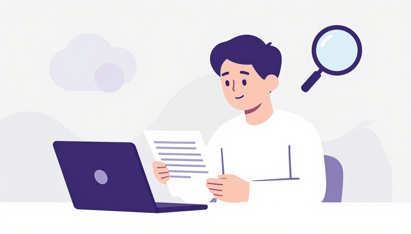 Pessoa revisando com calma um documento de contrato ou vaga em um laptop, ambiente organizado e postura confiante