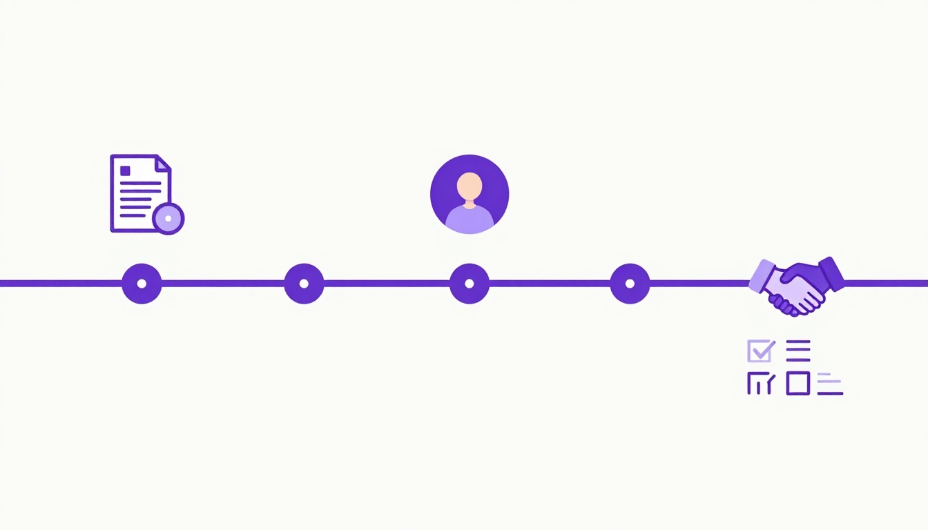 Linha do tempo com ícones de currículo, perfil de candidato e aperto de mãos, representando as etapas do processo seletivo remoto até a contratação