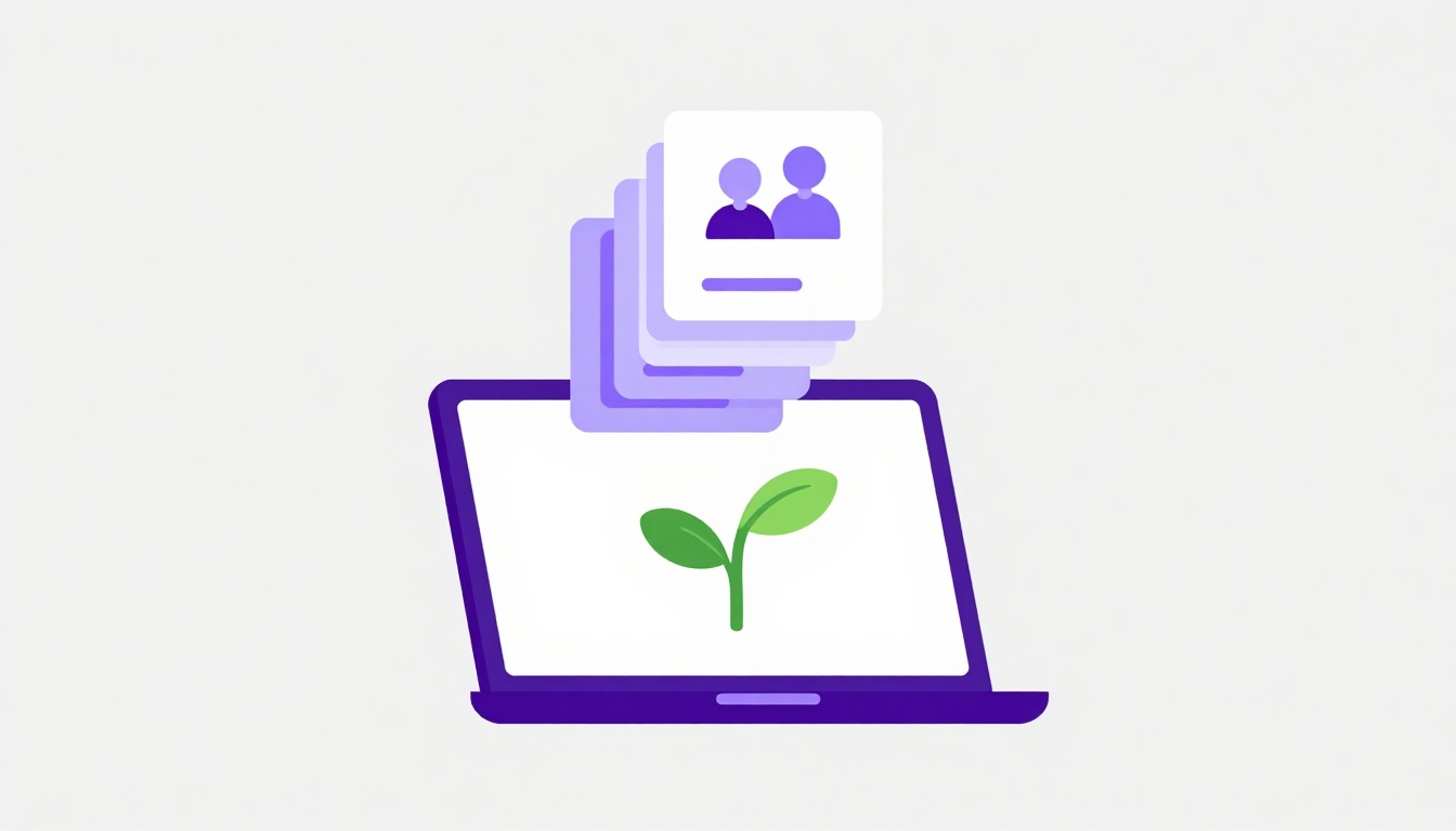 Laptop com pequenos cartões de projetos freelance empilhados acima da tela e uma planta brotando na tela, representando a construção de experiência aos poucos