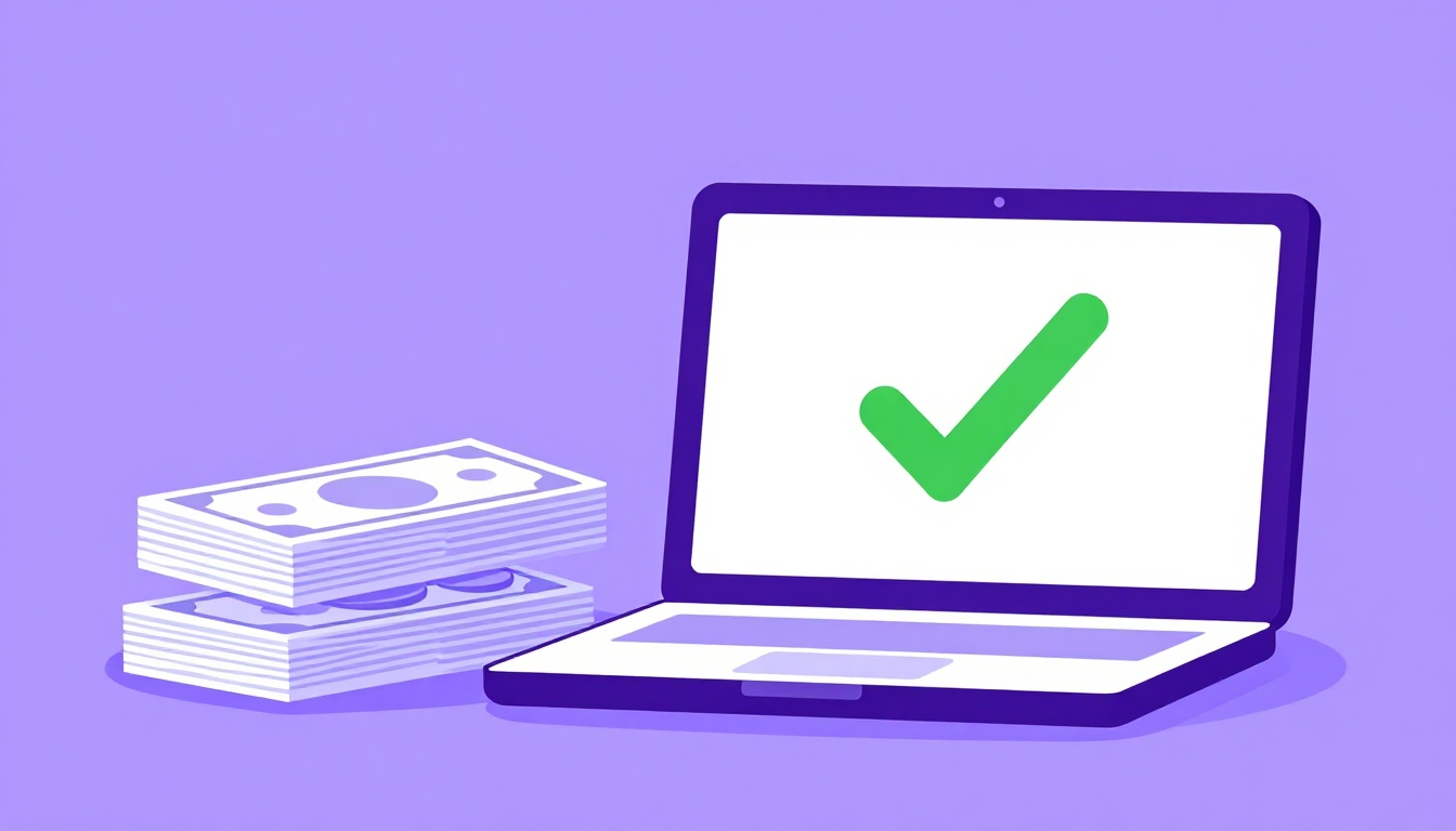 Pilhas de notas de dólar ao lado de um laptop aberto com um sinal de certo verde na tela, representando o recebimento de pagamento internacional