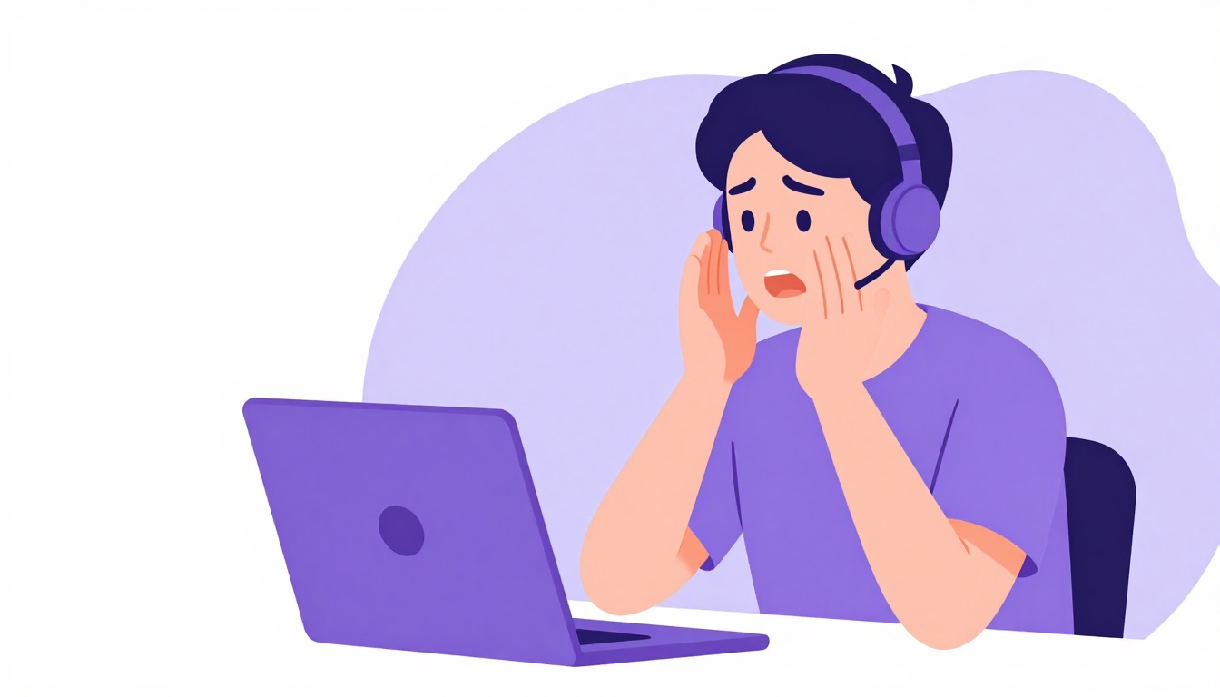 Pessoa em casa treinando em voz alta na frente do notebook para uma entrevista de emprego em inglês, expressão de concentração e um pouco de nervosismo