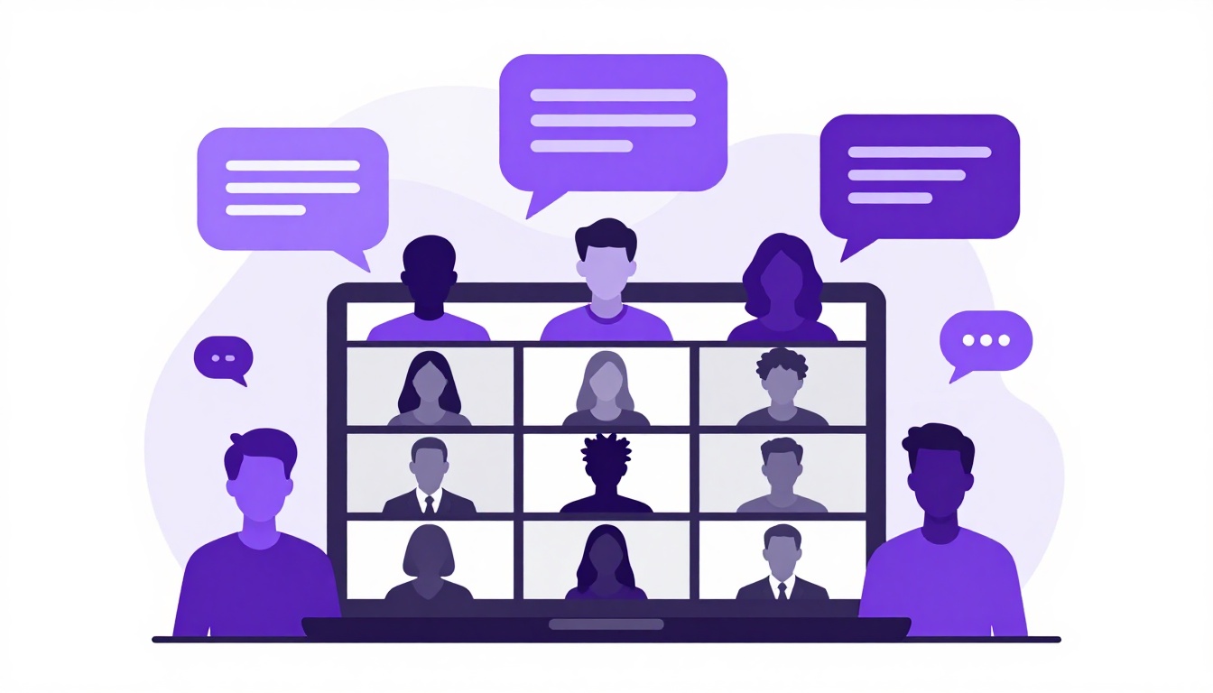 Time internacional em chamada de vídeo remota, várias pessoas de diferentes países conversando em inglês pela tela do computador