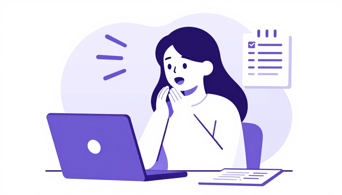 Pessoa em casa treinando em voz alta uma resposta de entrevista em inglês na frente do notebook, expressão de concentração
