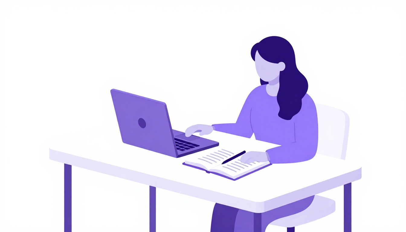Mesa de home office com notebook aberto e caderno de anotações, representando a busca por vagas freelancer