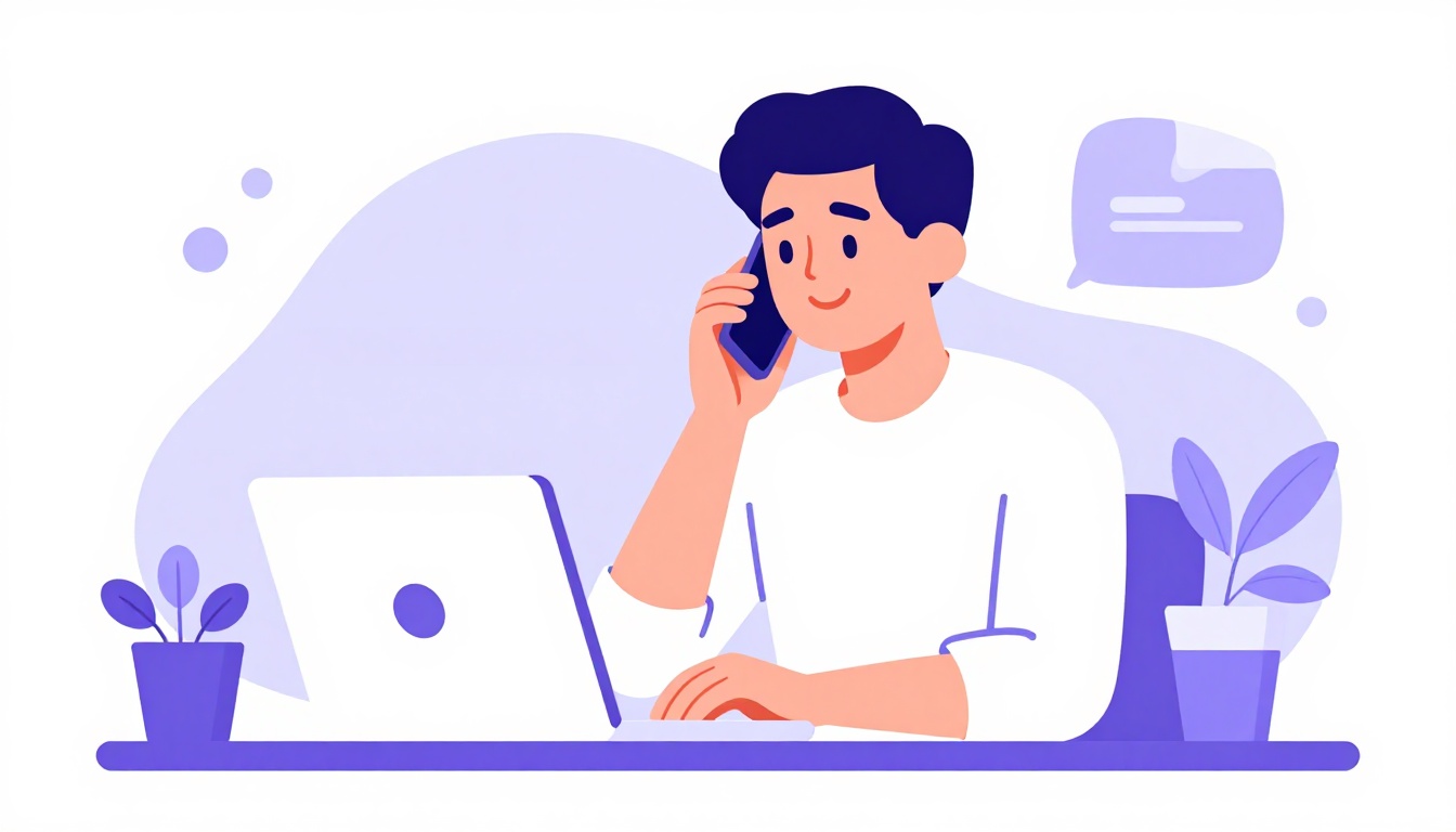 Pessoa sorrindo e falando com confiança ao telefone em um ambiente de trabalho remoto