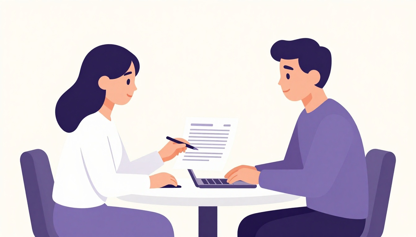 Duas pessoas revisando um contrato de trabalho remoto impresso ao lado de um notebook