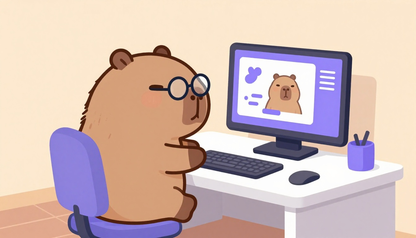 Capivara Capy sentada em uma mesa de trabalho com um laptop mostrando uma chamada de vídeo, representando a prática de inglês falado para call com cliente