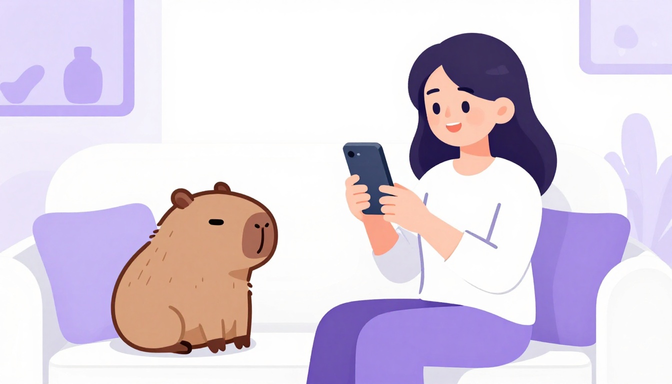 Pessoa sorrindo enquanto conversa em voz alta pelo celular com a capivara Capy em uma tela de aplicativo de idiomas