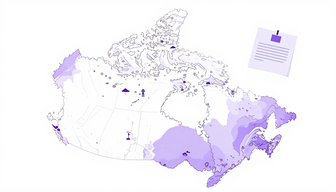 Mapa estilizado do Canadá com icones de provincias e um documento de atestado ao lado