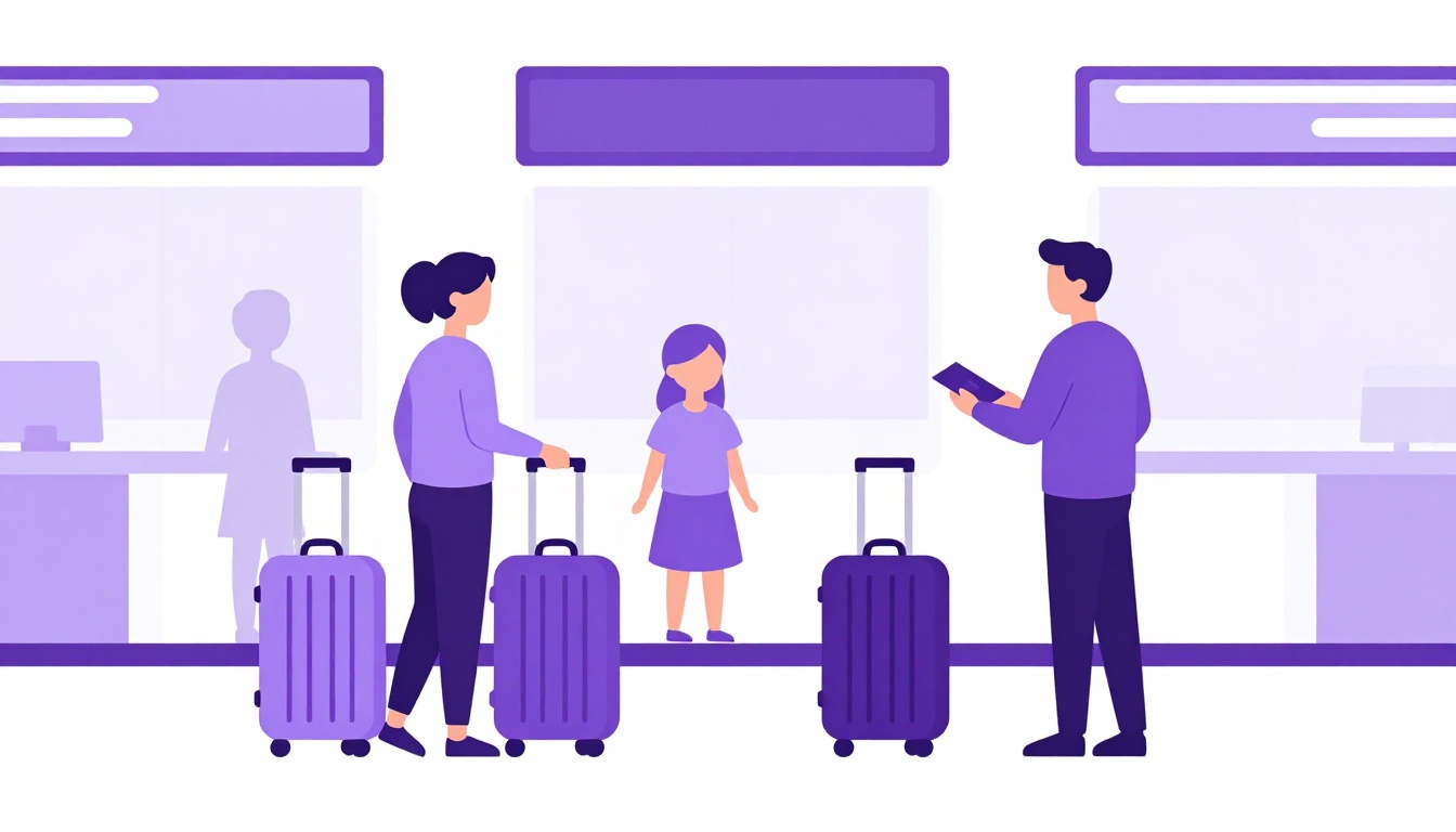 Familia com malas de viagem em um aeroporto conferindo passaportes e documentos