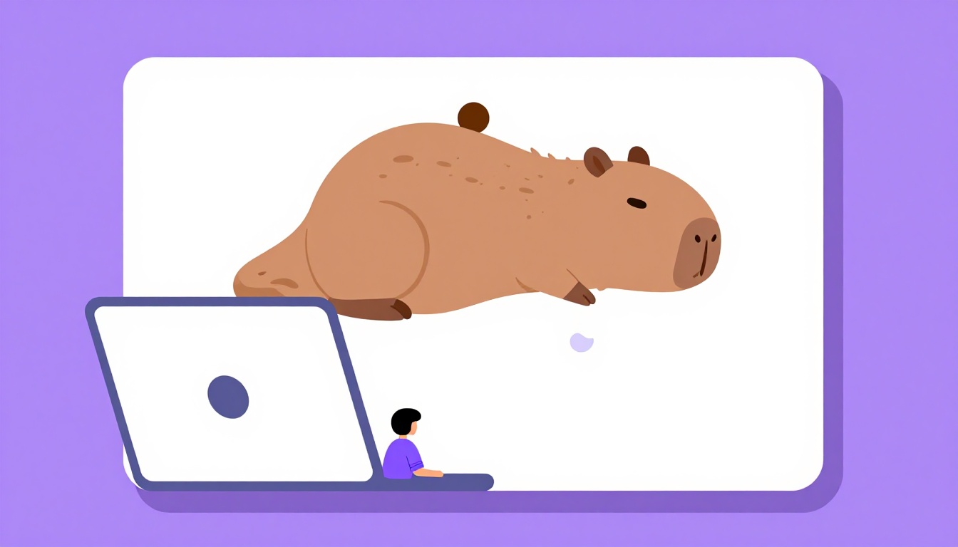 Estudante conversando por videochamada em um laptop dentro de um quarto com o capivara Capy em uma tela ao lado, representando pratica de fala em ingles