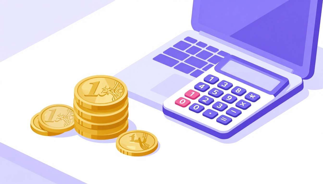 Calculadora e notas de euro ao lado de um laptop, representando o custo do visto de estudante na Espanha