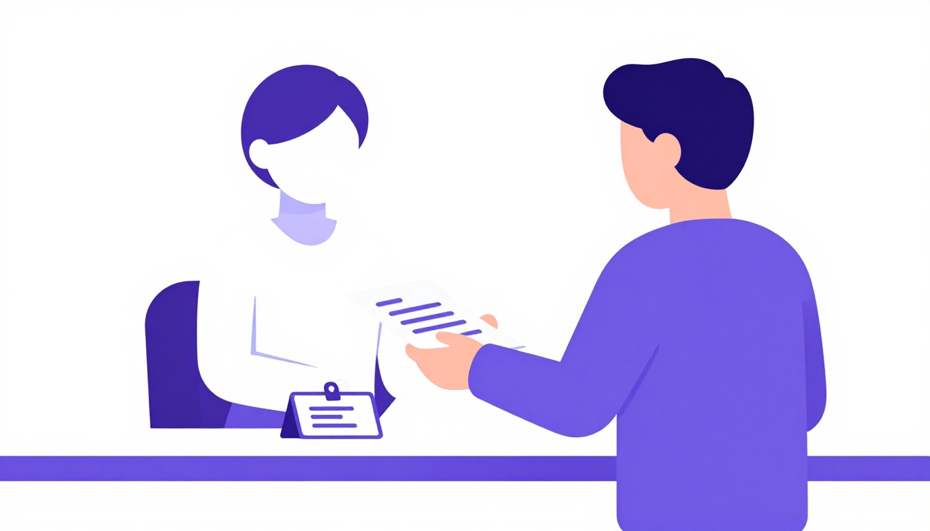 Estudante entregando documentos em um balcão de atendimento de registro de imigração