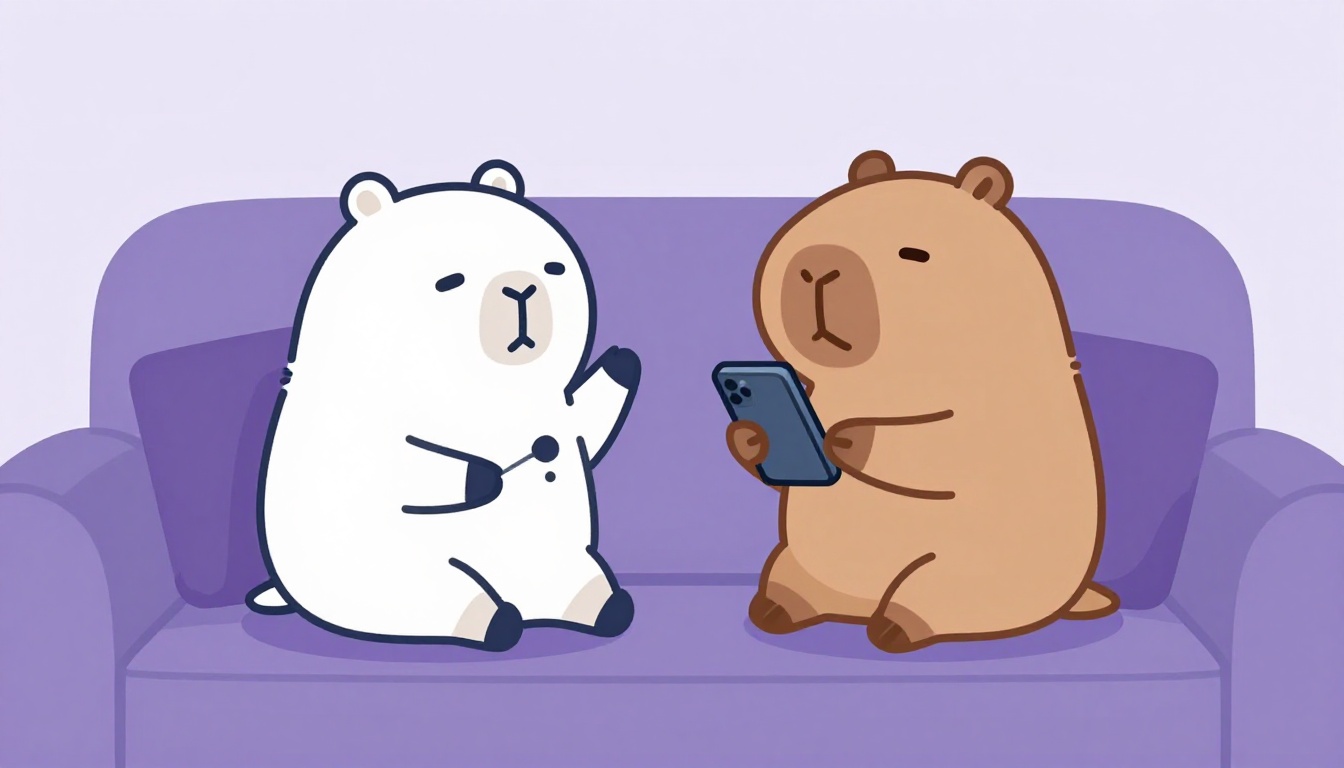 Pessoa praticando conversação em inglês pelo celular com uma capivara