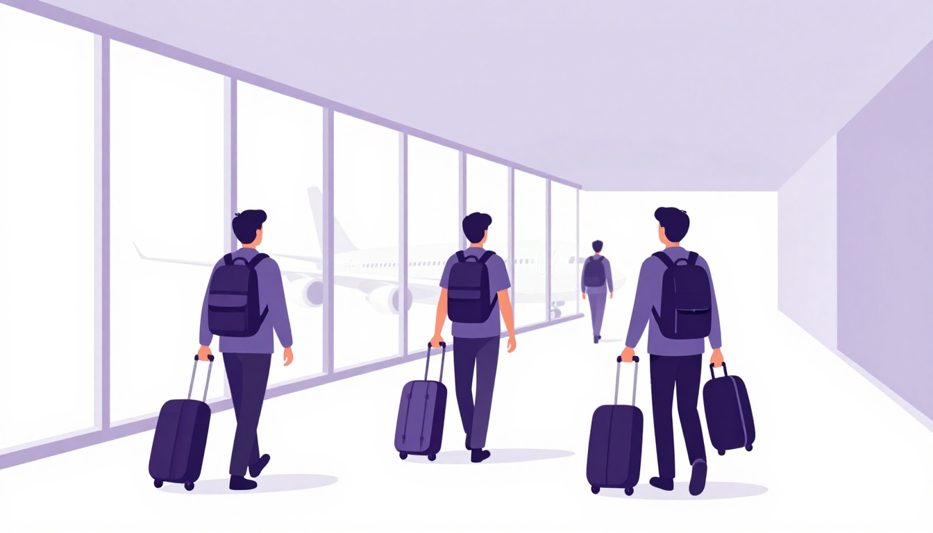 Passageiros caminhando por um corredor de conexão em um aeroporto internacional