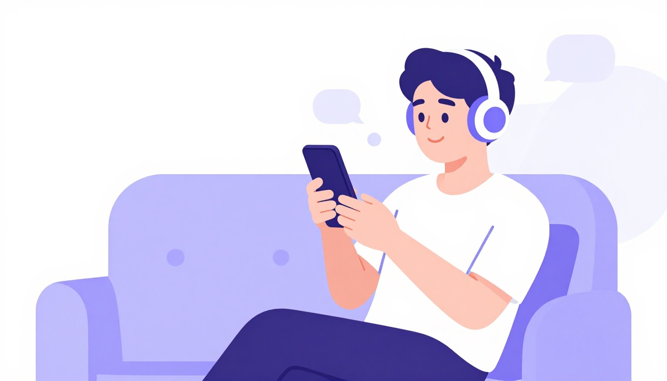 Pessoa sentada praticando conversação em inglês em um aplicativo no celular