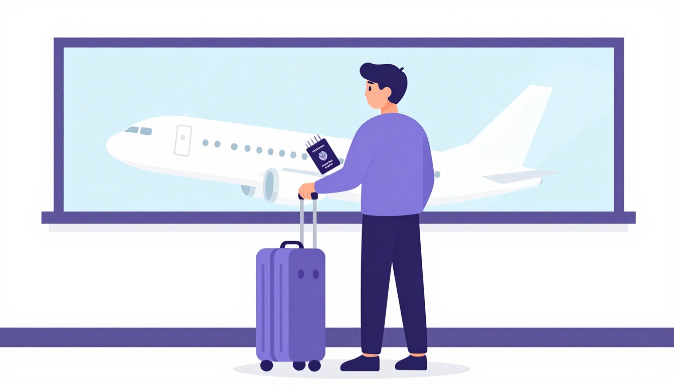 jovem com mochila segurando passaporte e passagem aérea em um saguão de aeroporto claro, tema roxo e branco