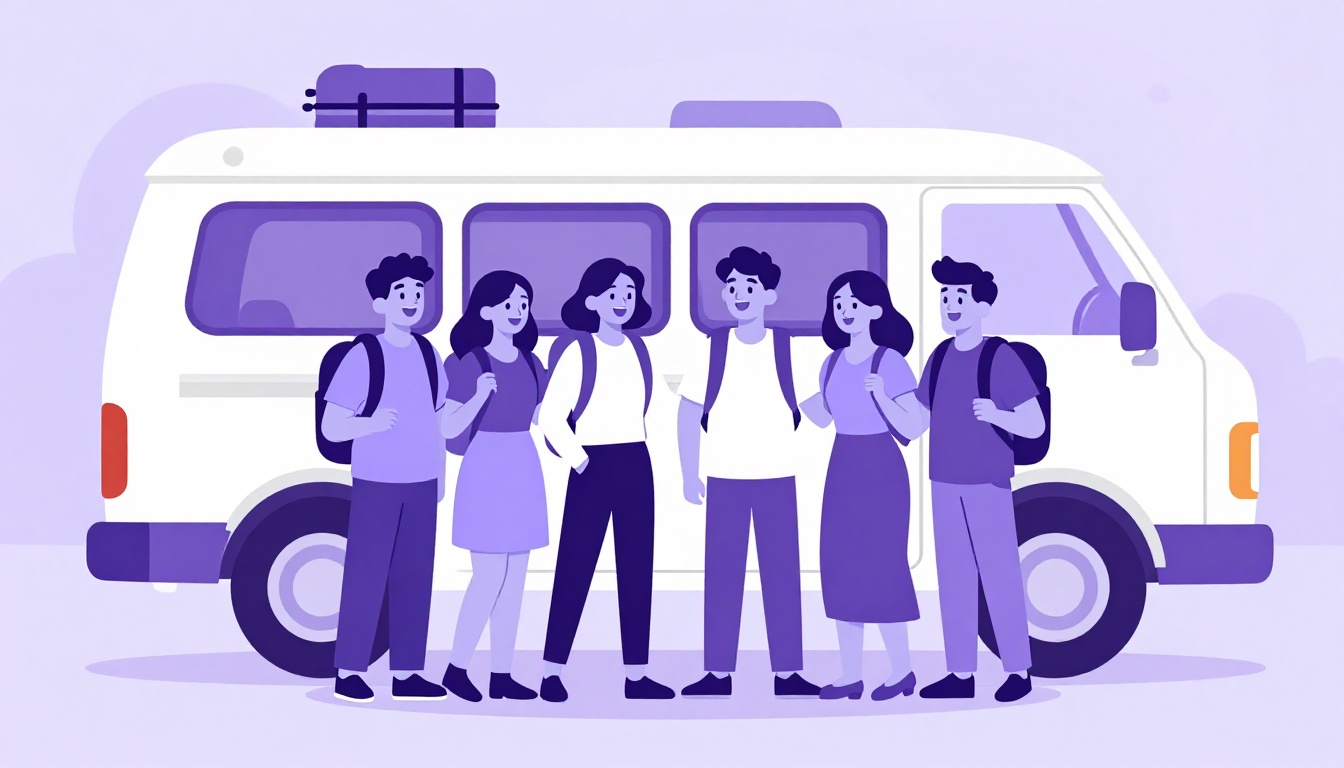 grupo de jovens sorrindo em frente a uma van de viagem com bagagens, ilustração vetorial roxa e branca