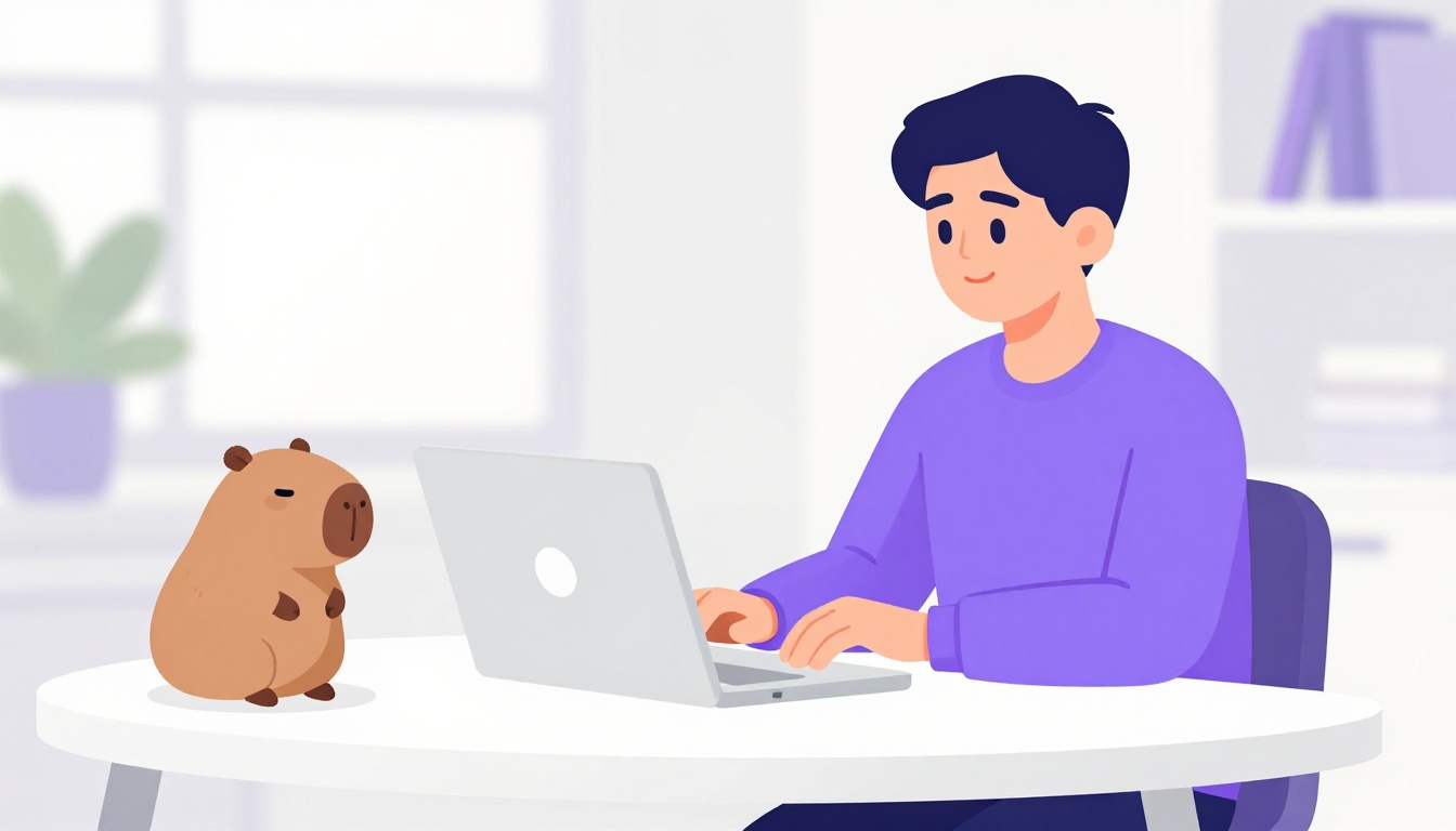 jovem em uma videochamada de entrevista de emprego em um laptop, sala clara, ilustração vetorial roxa e branca com pequeno detalhe de uma capivara de pelúcia na mesa
