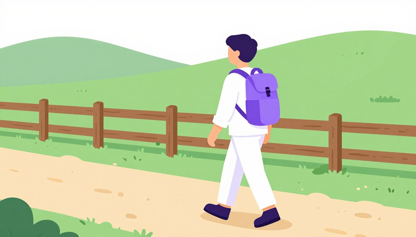 mochileiro caminhando por uma estrada rural perto de uma fazenda com colinas ao fundo, ilustração vetorial roxa e branca