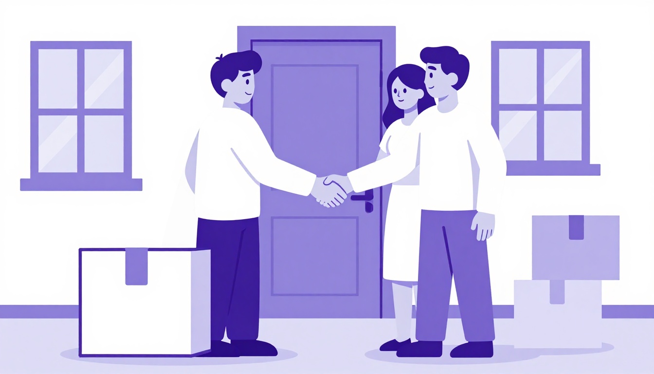 aperto de mão amigável entre um jovem inquilino e um anfitrião na porta de uma casa aconchegante, ilustração vetorial roxa e branca