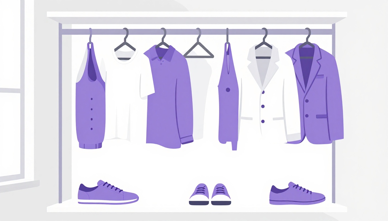 Closet organizado com roupas penduradas e tênis, ilustrando o vocabulário de moda em inglês usado no dia a dia