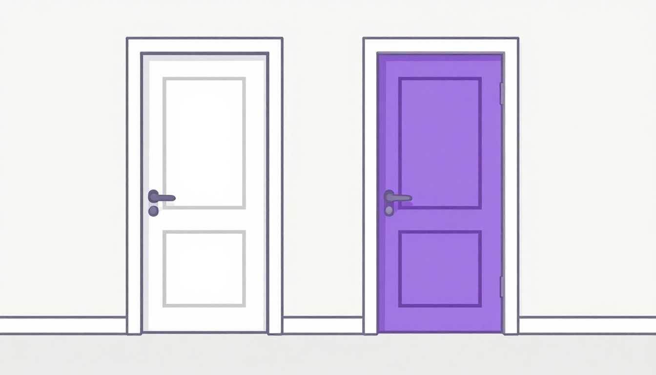 Duas portas idênticas lado a lado, uma branca e outra roxa, simbolizando palavras que parecem iguais mas levam a significados diferentes
