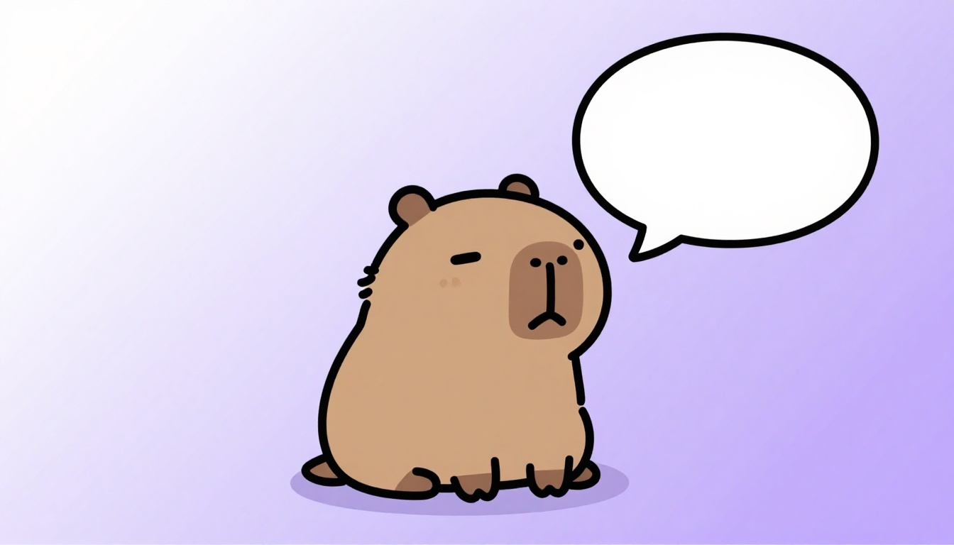 Capivara marrom simpática sentada com um balão de fala representando ondas sonoras, simbolizando a prática de falar inglês em voz alta