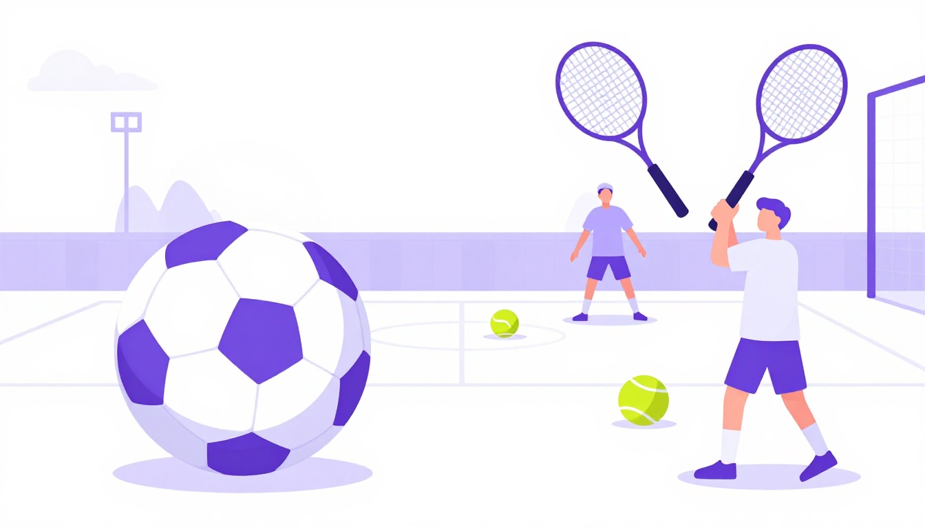 Bola de futebol, raquetes e bolas de tênis em uma quadra, esportes de equipe em inglês