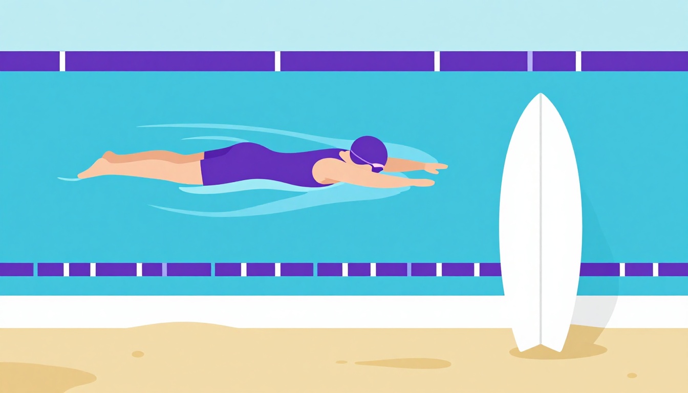 Nadadora em raia de piscina e prancha de surfe na areia, esportes individuais e aquáticos em inglês