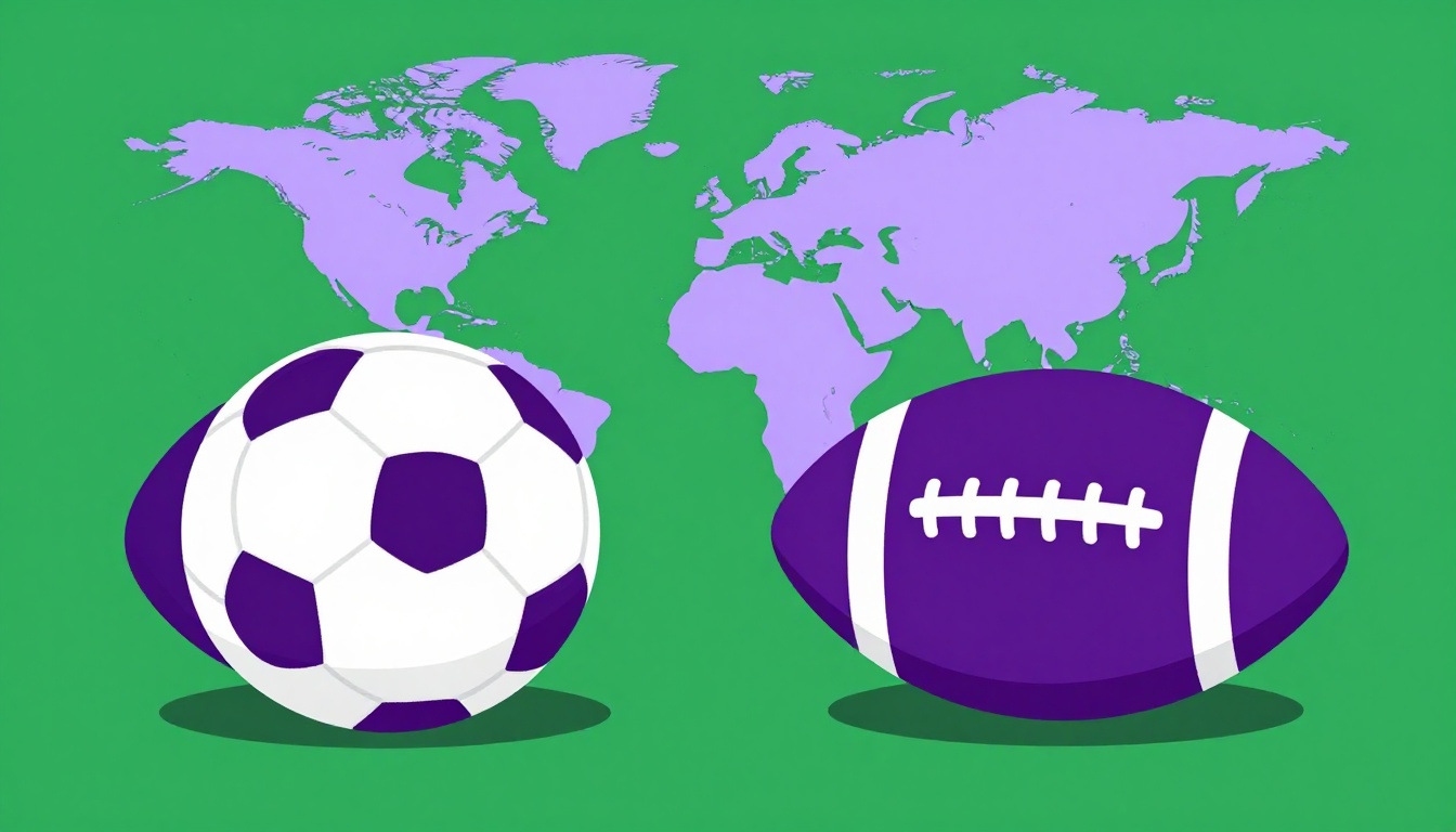 Bola de futebol e bola de futebol americano lado a lado sobre um mapa-múndi, soccer e football em inglês