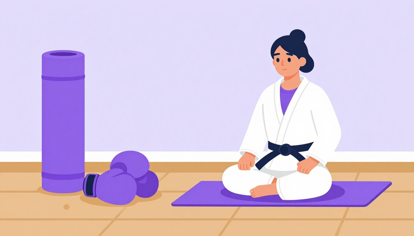 Canto de academia com tapete de yoga, luvas de boxe e pessoa de quimono de judô sobre o tatame, esportes de luta e treino em inglês