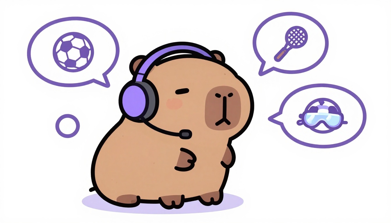 Capivara com fones de ouvido e balões de fala com bola de futebol, raquete e óculos de natação, treinando esportes em inglês falando