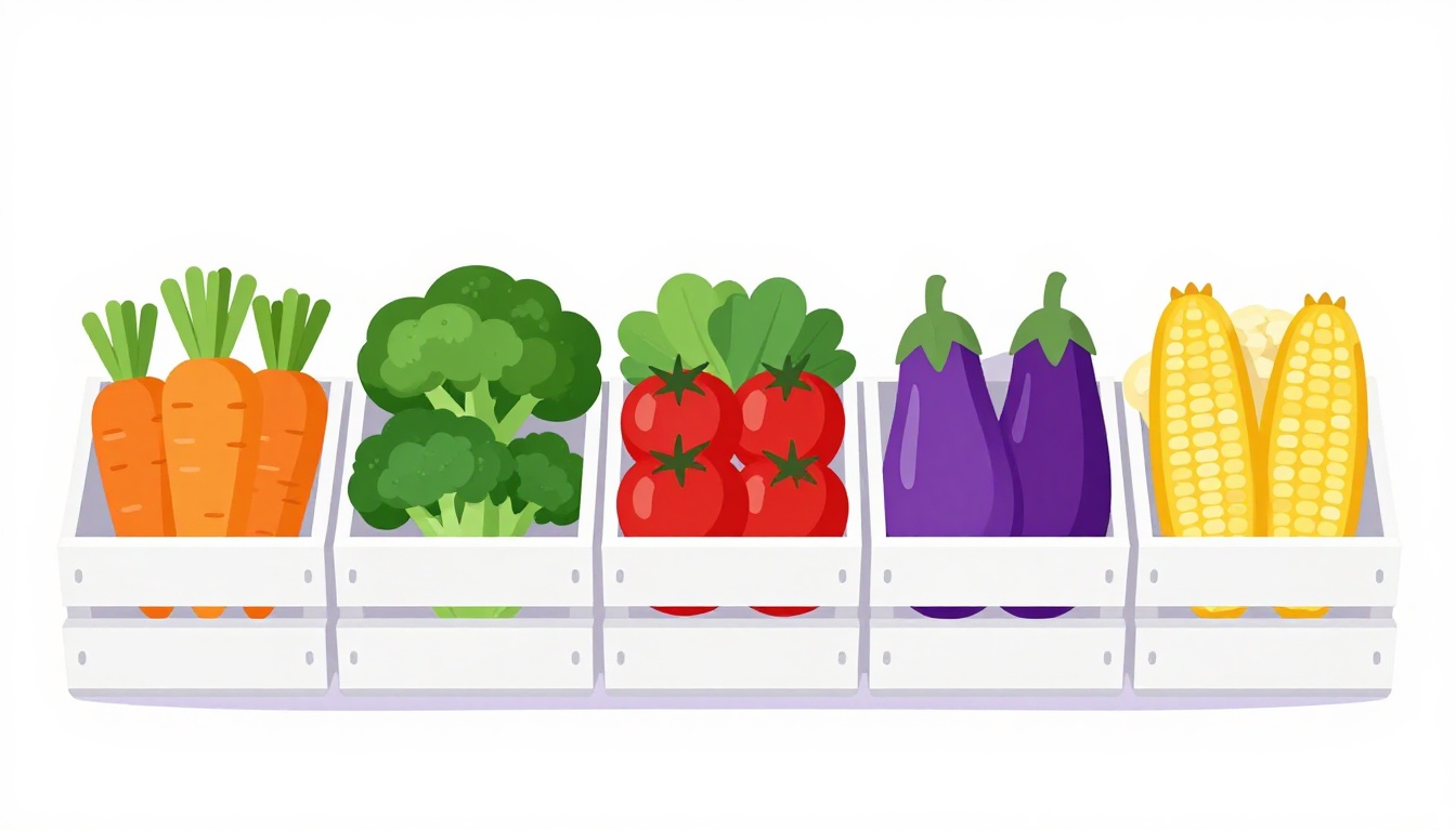 Caixotes de feira com cenoura, brócolis, tomate, berinjela e milho, exemplos de vegetais em inglês