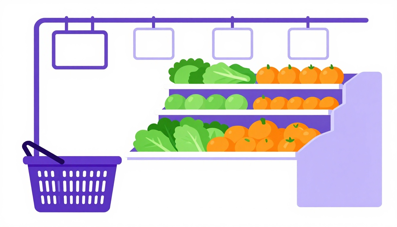 Corredor de hortifruti de supermercado com cesta e prateleiras de vegetais frescos, frases para comprar vegetais em inglês