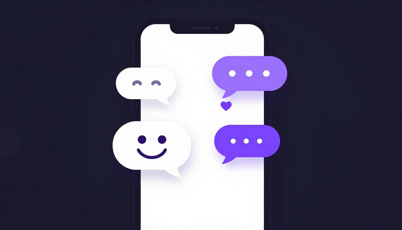 Tela de celular brilhando no escuro com balões de chat e ícones de reação, representando abreviações de texto e internet
