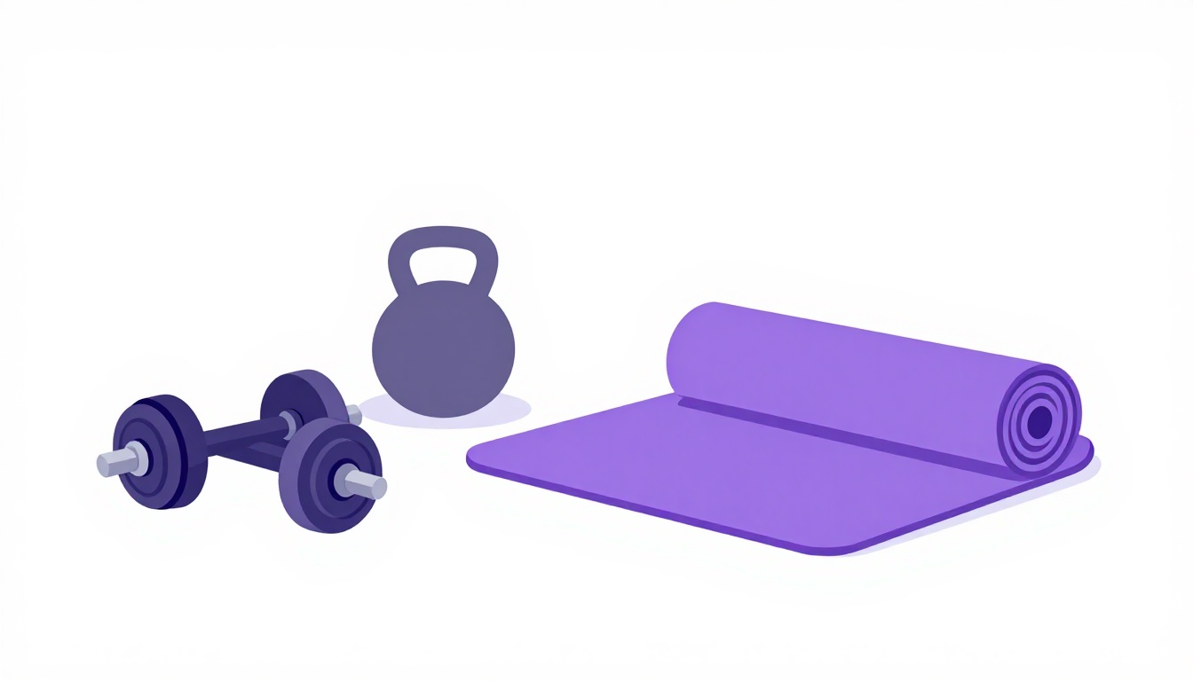 Halteres, kettlebell e tapete de yoga em uma academia, equipamentos de academia em inglês