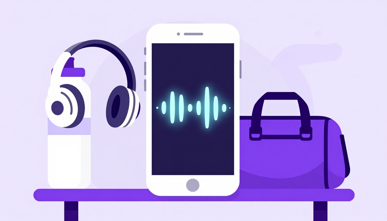 Celular com ondas de som ao lado de fones de ouvido, garrafa d'água e bolsa de academia, treinando inglês falando