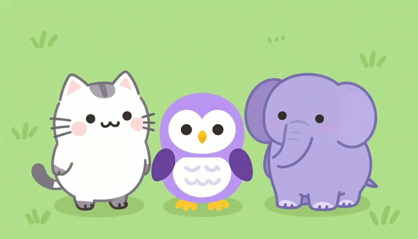 Ilustración de un gato, un perro, un elefante y un búho amigables en una fila, representando animales típicos de adivinanzas infantiles