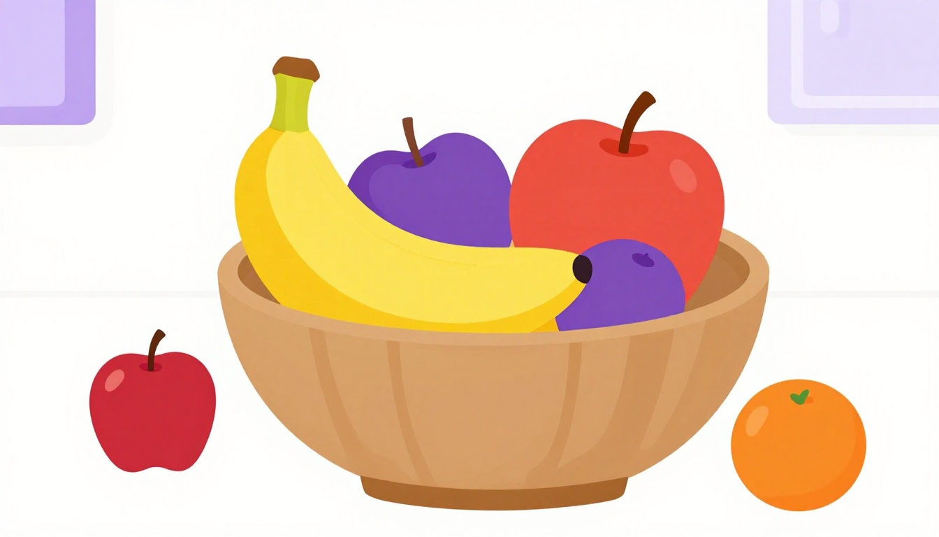 Ilustración de un bol de frutas coloridas, con un plátano, una manzana y una naranja, sobre una mesa de cocina infantil