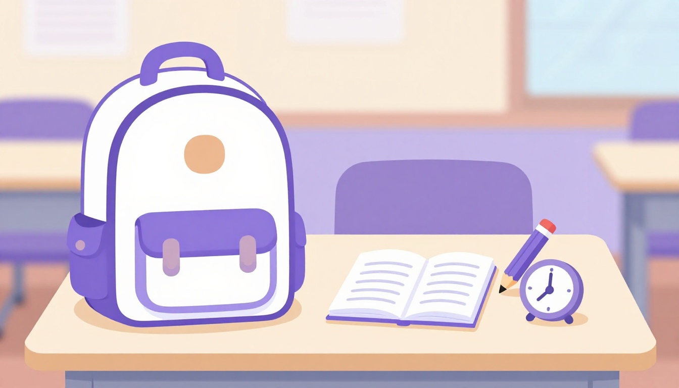 Ilustración de una mochila escolar, un lápiz, un cuaderno y un reloj sobre un escritorio infantil ordenado