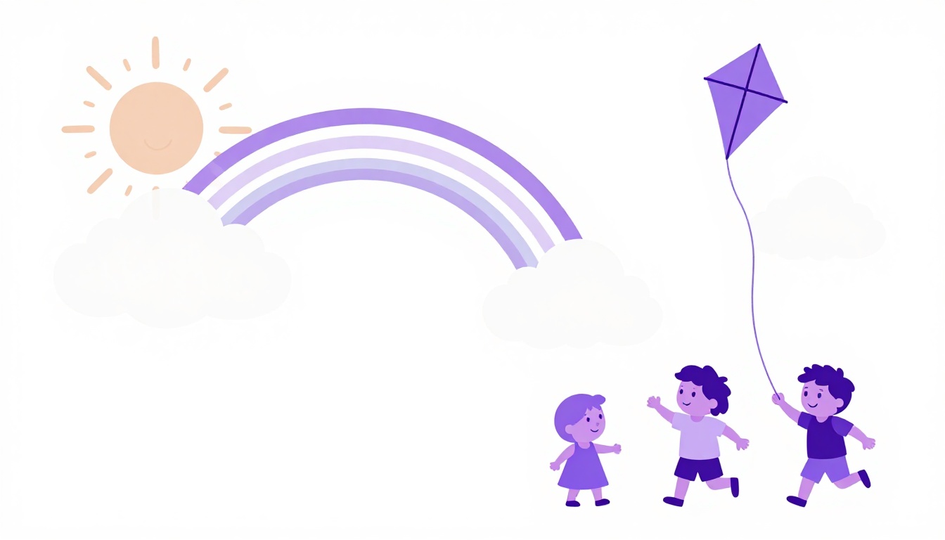 Ilustración de un cielo con sol, nubes y un pequeño arcoíris, con una cometa volando, representando el clima y la naturaleza