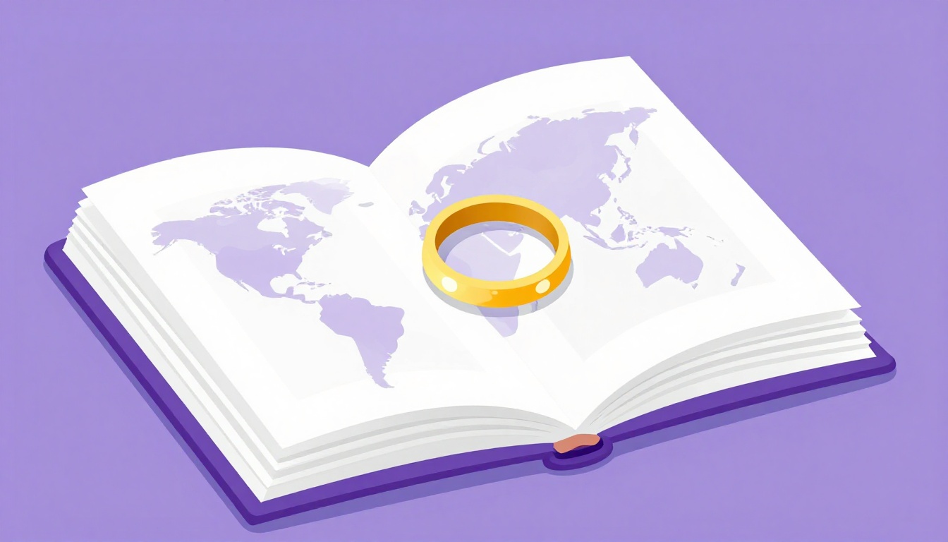 Ilustración de un libro abierto con un pequeño mapa y un anillo dorado brillando en sus páginas, evocando cuentos e historias con adivinanzas