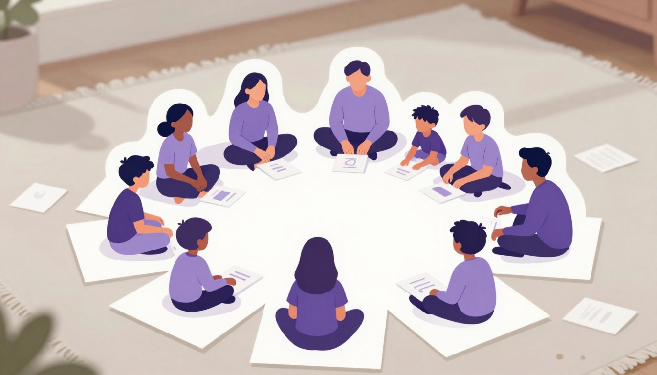 Ilustración de una familia sentada en el suelo del salón jugando juntos, con papeles y tarjetas dibujadas a mano sobre una manta