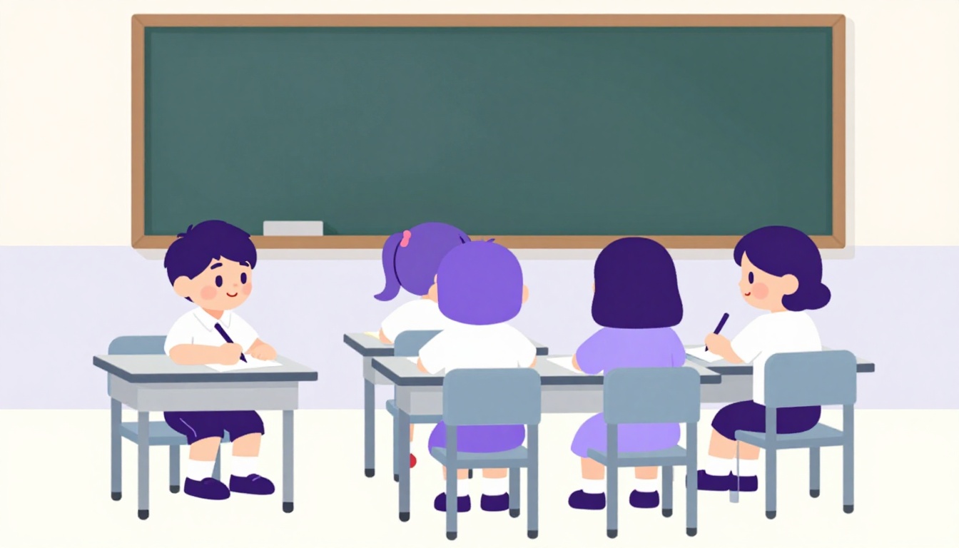 Ilustración de un aula infantil con niños sentados en sus pupitres escribiendo juntos sobre hojas de papel, con una pizarra en blanco al fondo