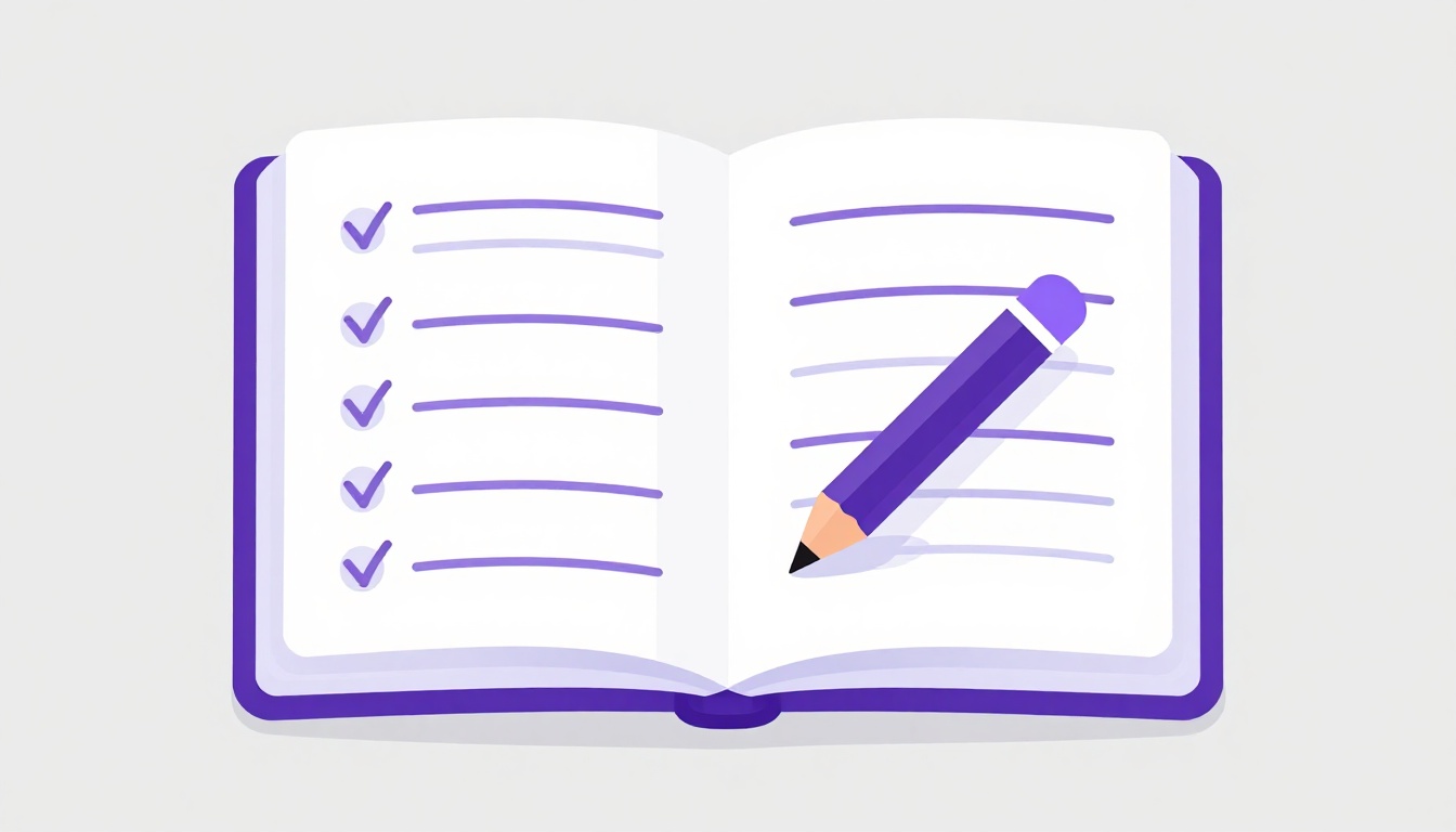 cuaderno abierto con lápiz y marcas de verificación pequeñas representando ejercicios de práctica autocorregidos de inglés