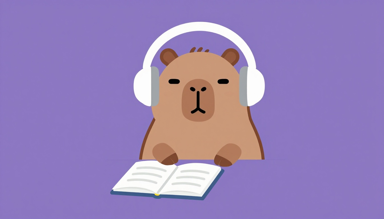 Capy, a capivara do Comigo, usando fones de ouvido em uma mesa com um caderno, praticando exercícios de inglês em voz alta