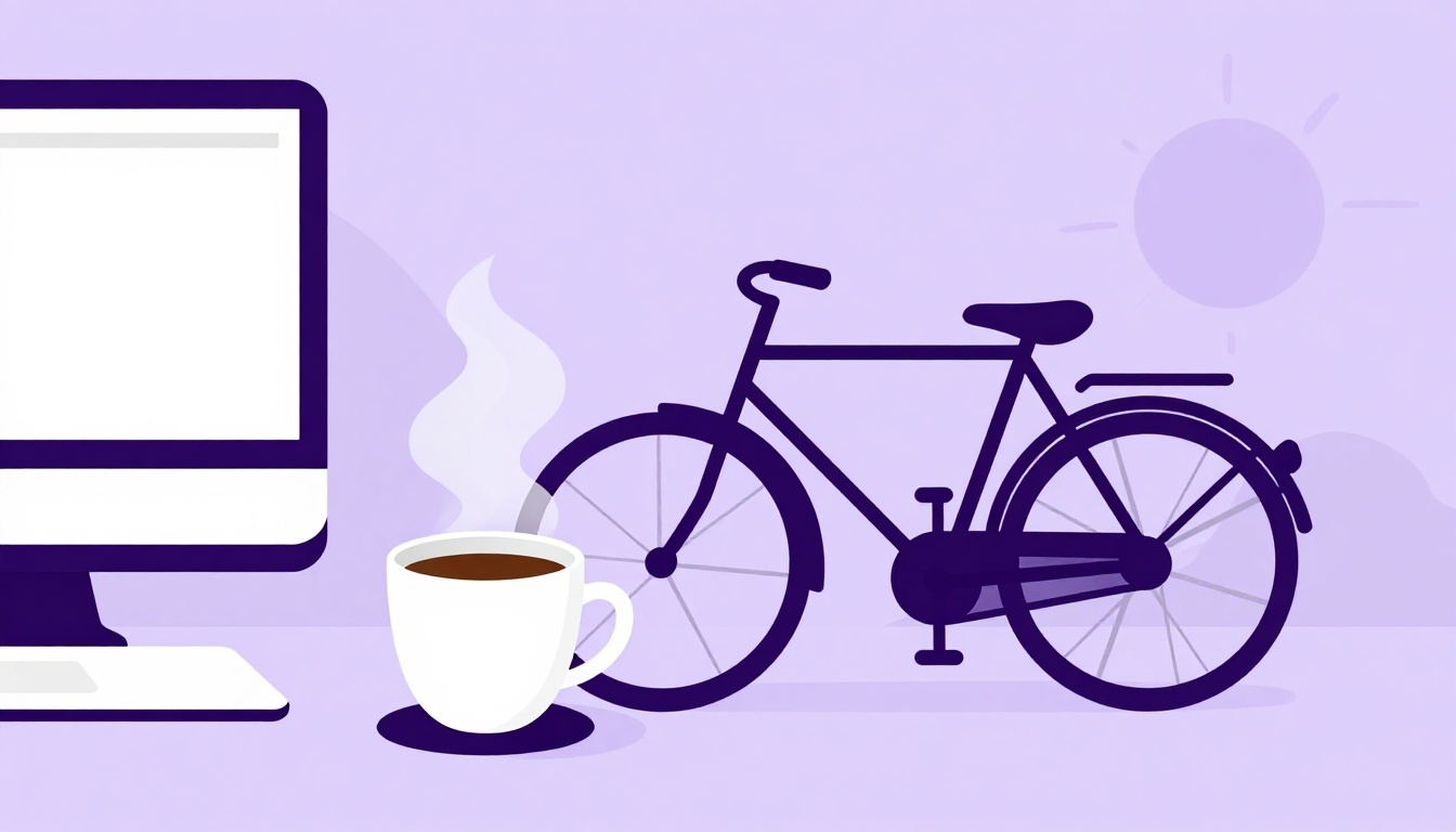 Rotina do dia a dia com café, notebook e bicicleta para praticar advérbios de frequência em inglês