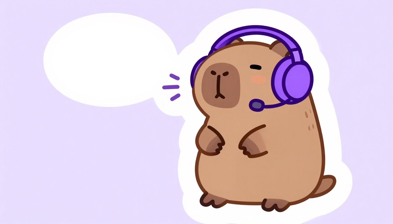 Capy, a capivara do Comigo, de fones de ouvido praticando inglês em voz alta