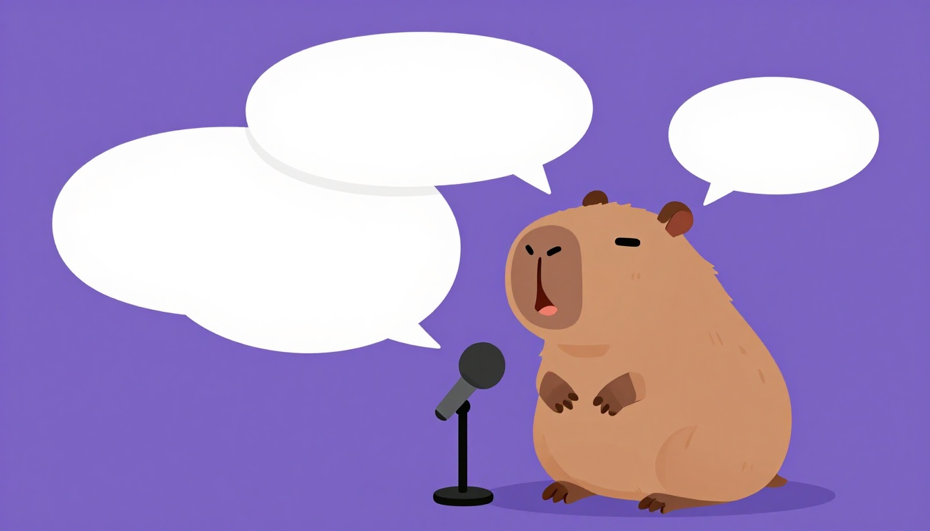 Capy the capybara speaking with empty speech bubbles and a microphone
